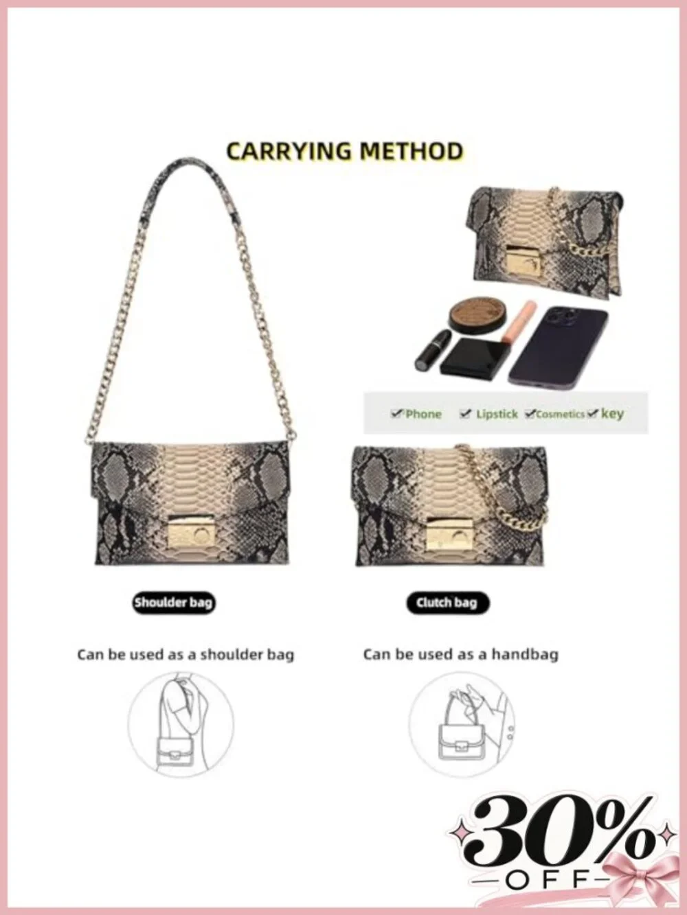 Snake Print Leather Crossbody Bag Chain Strap Evening Clutch Purse